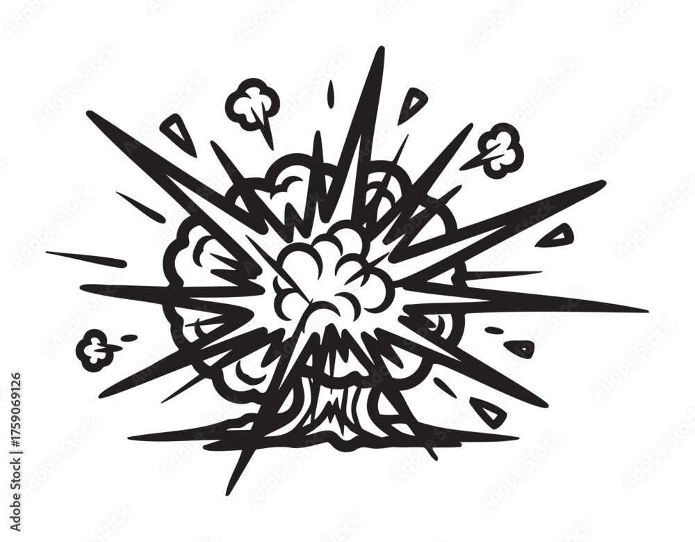 Obraz premium Black outline drawing of a cartoon explosion with dynamic lines and clouds, illustrating a dramatic burst or blast effect.