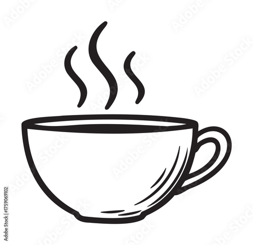 Black outline drawing of a steaming coffee cup with a handle, signifying warmth and comfort for coffee and tea lovers alike.