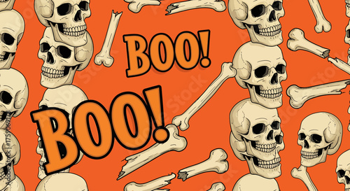 Spooky Skeletons and 'BOO!' Text Create a Fun and Festive Halloween Wallpaper Pattern Background