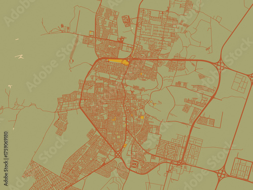 Abstract flat-design map of Ha'il, Saudi Arabia, featuring sage green ground with rust-red roads and ochre accents.