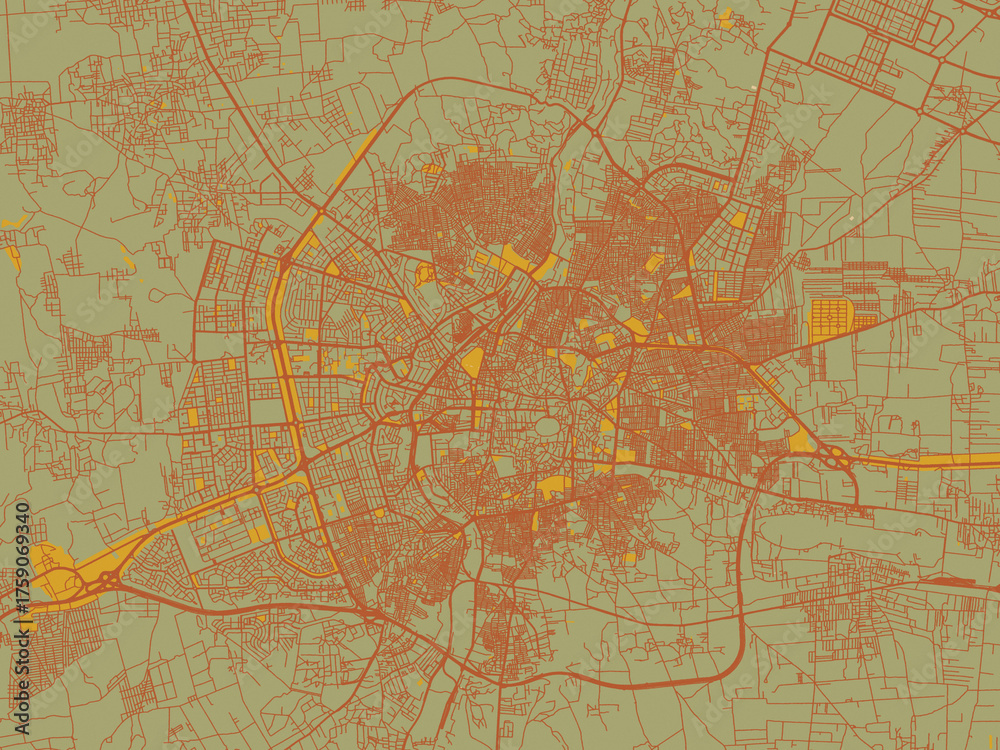Fototapeta premium Decorative flat city map of Aleppo, Syrian Arab Republic using earthy sage background with rust roadways and ochre details.