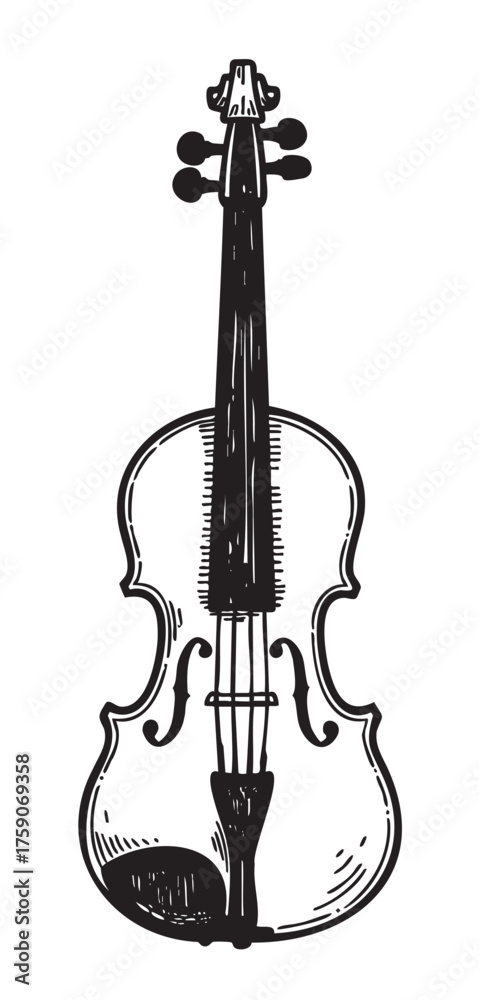 Naklejka premium Black and white sketch of a classical violin with detailed strings and body, featuring f-holes and tuning pegs.
