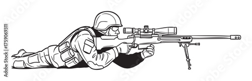 Male soldier in tactical gear aiming a sniper rifle in prone position, showcasing precision and focus in a combat scenario.