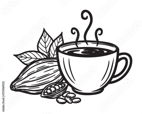 Black outline vector icon of a steaming cup of coffee beside cacao pods and leaves, highlighting coffee and chocolate concepts.