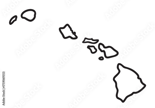 Bold black outline of the hawaiian islands depicted, showing each island individually with minimalistic detail.