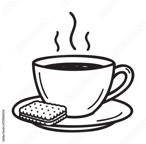 Black outline icon of a steaming cup of coffee on a saucer with a biscuit. minimalist design for food and beverage concepts.