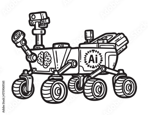 Black and white outline drawing of a futuristic robotic rover with multiple wheels and ai and brain symbols on its body.