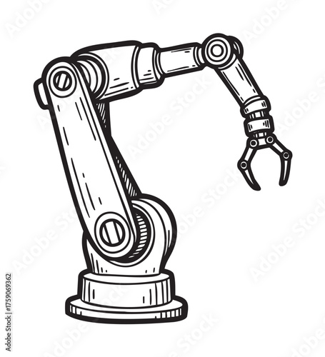 Black outline vector icon of a mechanical robotic arm with multiple jointed segments and a claw-like gripper.