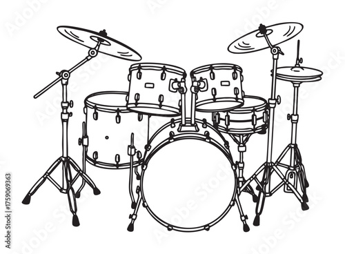 Black outline illustration of a full drum set with cymbals, including a bass drum, snare, and toms,.