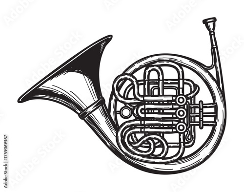 Black outline of a detailed french horn, showcasing the intricate curves and valves in a classic musical instrument design.