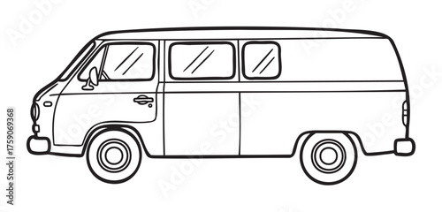 Black outline drawing of a vintage panel van with minimal design, featuring defined lines and simplistic window details.