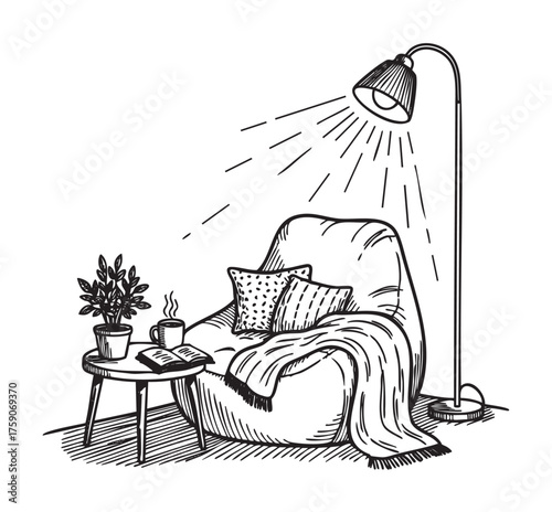 Black and white sketch of a cozy reading nook featuring a plush armchair, a floor lamp, a small table with a steaming cup, a book, and a potted plant.