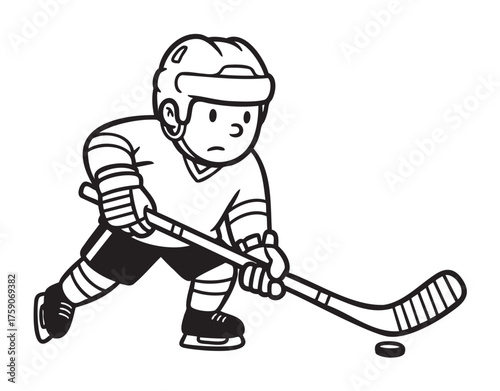Black and white cartoon illustration of a young male hockey player with a helmet holding a stick, ready to hit a puck.