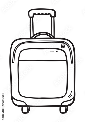 Black outline drawing of a wheeled suitcase with an extended handle, depicting travel and luggage themes.