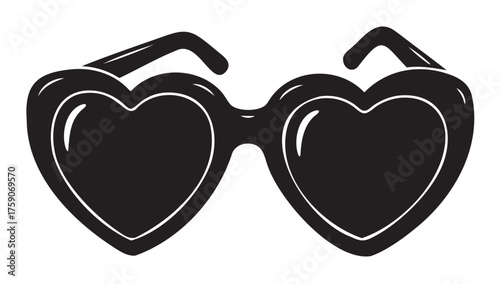 Black silhouette of heart-shaped sunglasses with thick frames and curved temples on a plain background.