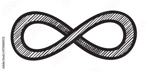 Black and white sketch of a continuous, figure-eight infinity symbol with diagonal hatch shading inside the loops.