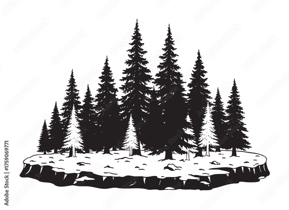 Obraz premium Black silhouette of a group of pine trees on a small island, showcasing natural forest scenery.
