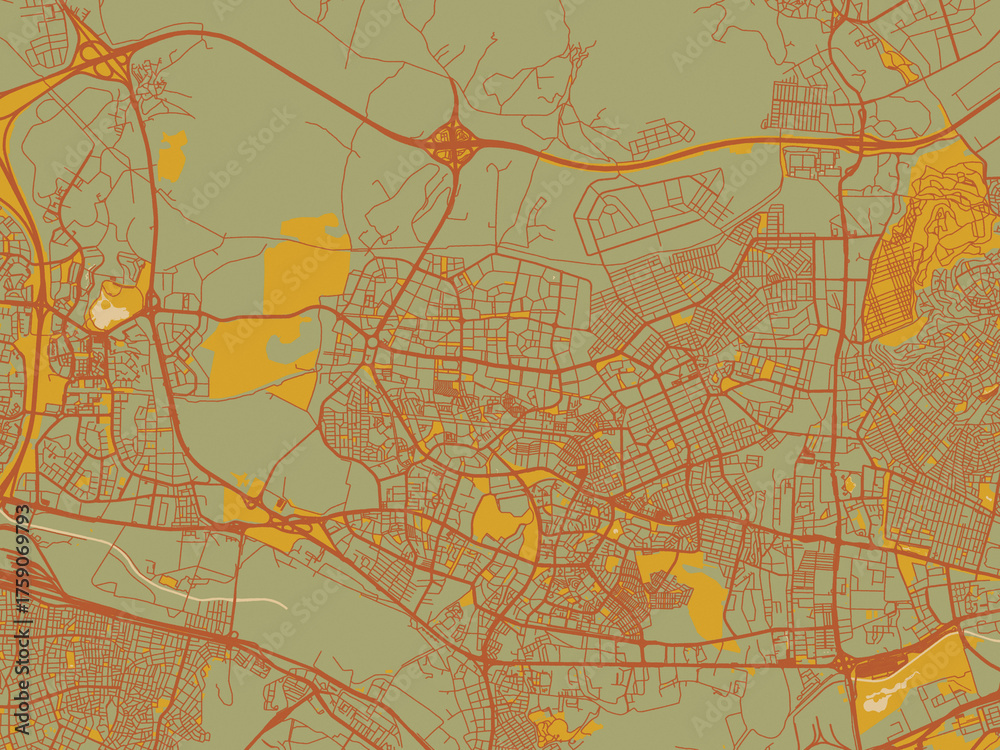 Fototapeta premium Graphic flat color map of Batikent, Türkiye in earthy sage background with rust roadways and ochre details.