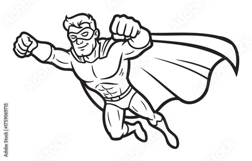 Black outline drawing of a muscular superhero with a cape, in a dynamic flying pose, showcasing strength and confidence.