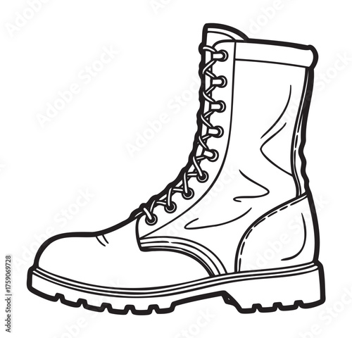 Black outline of a rugged combat boot with thick sole and detailed lacing, suitable for military and outdoor activities.