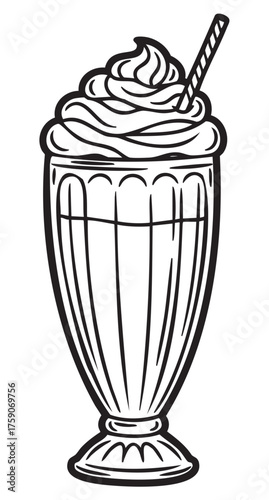 Black outline vector icon of a classic milkshake glass with whipped cream and a straw on top.