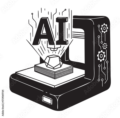 Black and white illustration of a 3d printer creating a stack of layered materials with the letters "ai" hovering above, surrounded by digital and technological symbols.