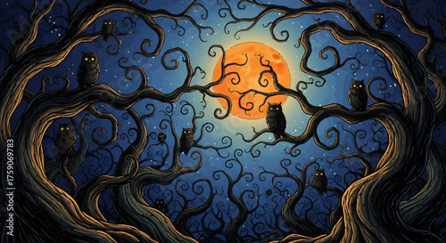 Halloween Wallpaper Owls Gathering Under the Moonlight in Dark Night Trees