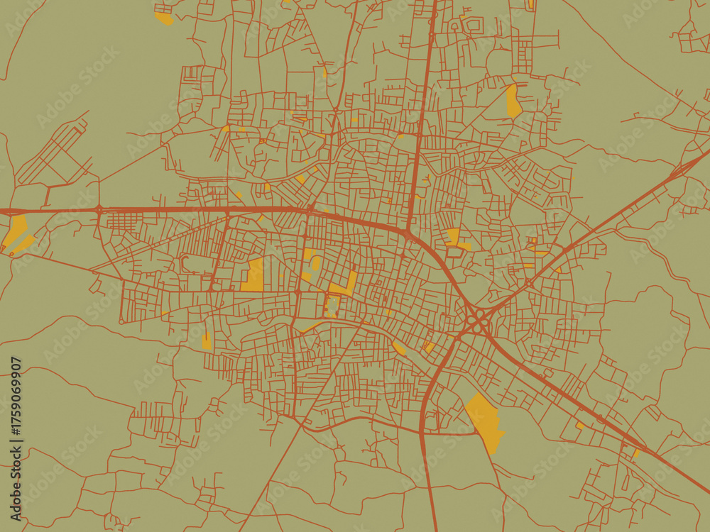 Obraz premium Flat painterly map of Duezce, Türkiye in muted sage base, rust-colored roads, and soft ochre highlights.