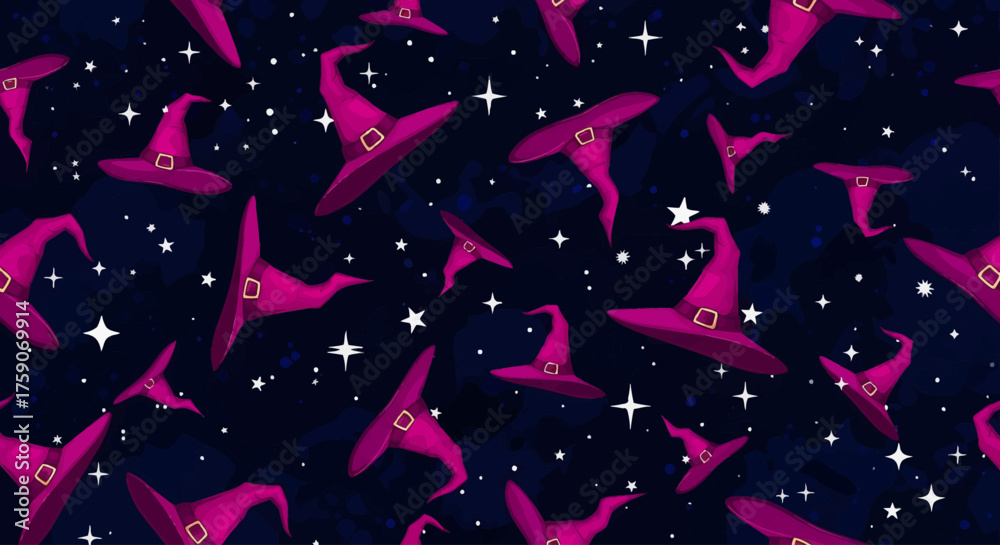 Obraz premium Magical Halloween Wallpaper with Whimsical Pink Witch Hats Scattered Across a Starry Night Sky