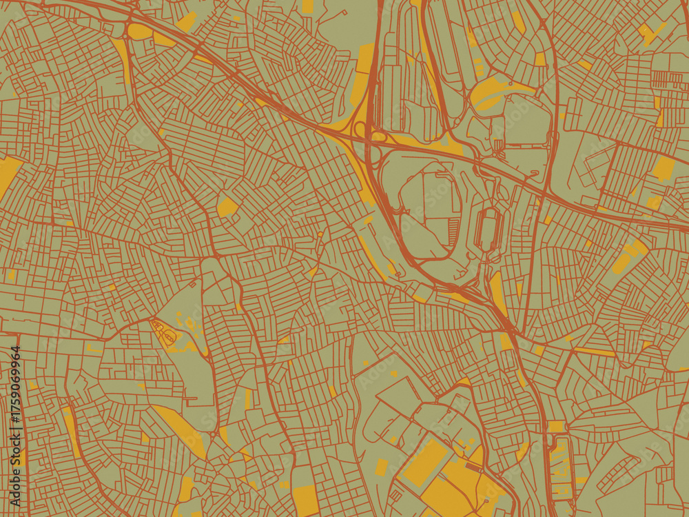 Fototapeta premium Minimalist flat city map of Esenler, Türkiye with muted sage base, rust-colored roads, and soft ochre highlights.
