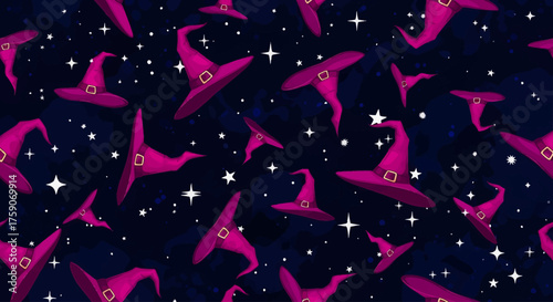 Magical Halloween Wallpaper with Whimsical Pink Witch Hats Scattered Across a Starry Night Sky