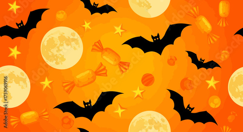 Vibrant Festive Halloween Wallpaper Pattern Featuring Flying Bats, Shining Moons, Stars, and Sweet Candies