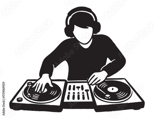 Black and white illustration of a dj wearing headphones, mixing music on turntables and a mixer table.