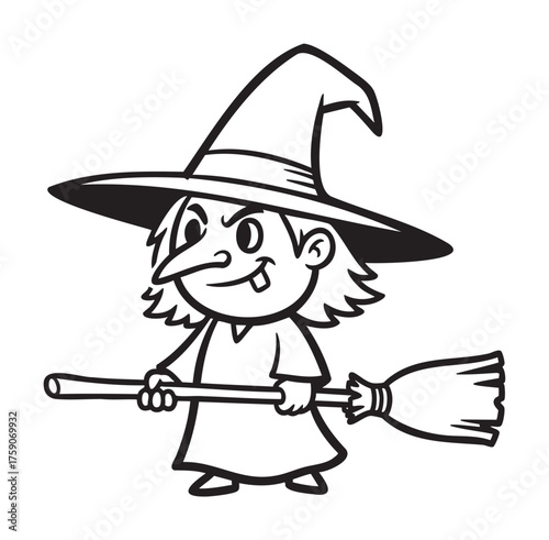 Black-and-white cartoon of a mischievous witch with a pointy hat holding a broom, featuring a toothy grin.