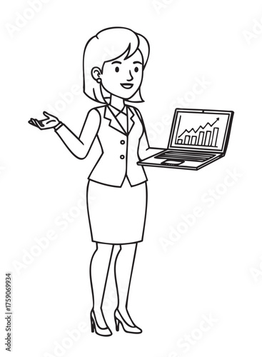 Female business professional displays a positive upward trend graph on her laptop screen while gesturing confidently, showcasing analytical success.