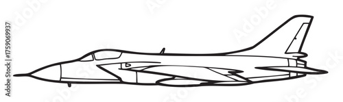 Black outline of a jet airplane in profile view, showcasing detailed wings and tail design for aviation and aeronautics concepts.