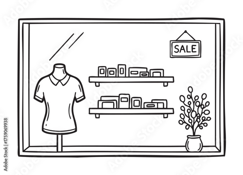 Black outline illustration of a retail store window display featuring a mannequin with a shirt, shelves with folded items, and a sale sign.