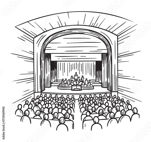 Black and white sketch of an auditorium scene with a large audience watching a choir performance on stage with an arched proscenium.