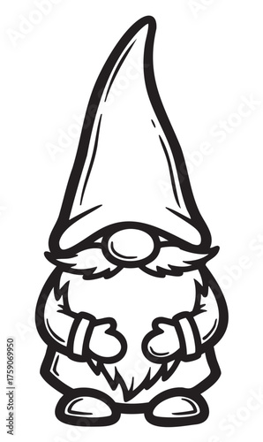 Black outline illustration of a garden gnome with a tall pointed hat and a bushy beard, standing with hands on its belly.
