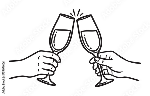 Black outline vector illustration of two hands clinking champagne glasses, symbolizing celebration and enjoyment.