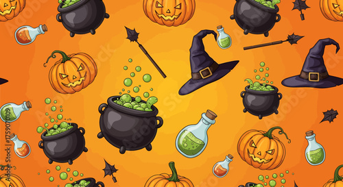 Festive Halloween Wallpaper featuring pumpkins, cauldrons, witch hats, and magical potions - A Spooky Pattern