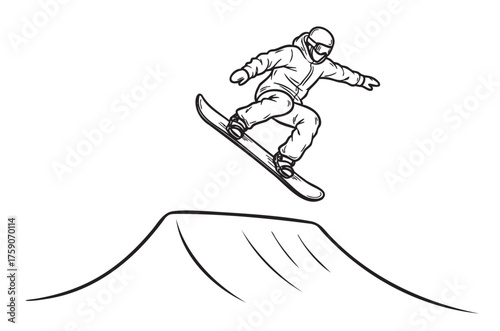 Black and white outline drawing of a snowboarder in mid-air performing a jump over a snow-covered slope.