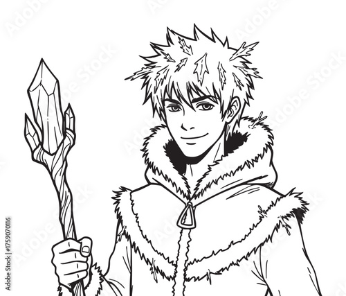 Black and white line art of a young male character with spiky hair holding a crystalline staff, wearing a fur-lined cloak with a confident expression.