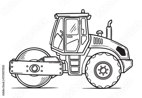 Black outline vector icon of a heavy construction steamroller with visible driver's cab and large cylindrical roller. minimal linear illustration for machinery and construction concepts.