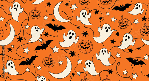 Spooky and cute cartoon ghosts, bats, and pumpkins in a seamless Halloween Wallpaper pattern