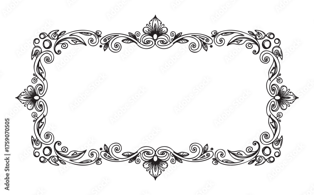 Fototapeta premium Ornate rectangular floral frame with intricate black swirl patterns and decorative flourishes on each corner.