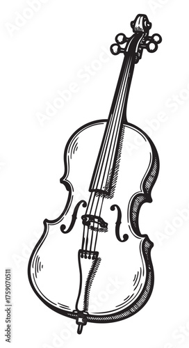 Black outline drawing of a classic cello, showcasing elegant curves and detailed strings in a minimalist style.