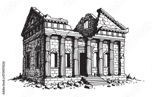 Black outline illustration of an ancient stone temple in ruins, featuring classical columns and broken pediments, conveying the grandeur of historical architecture.