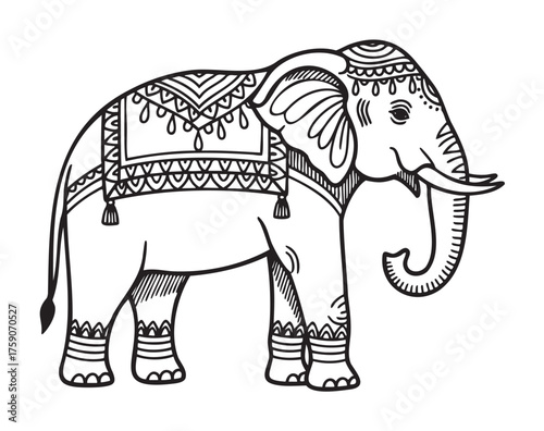 Ornate black outline of an elephant decorated with intricate patterns and designs, showcasing traditional art style.