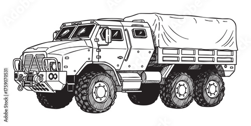 Black outline drawing of a rugged military truck with a covered cargo area, featuring six large tires and a bulky armored cabin.